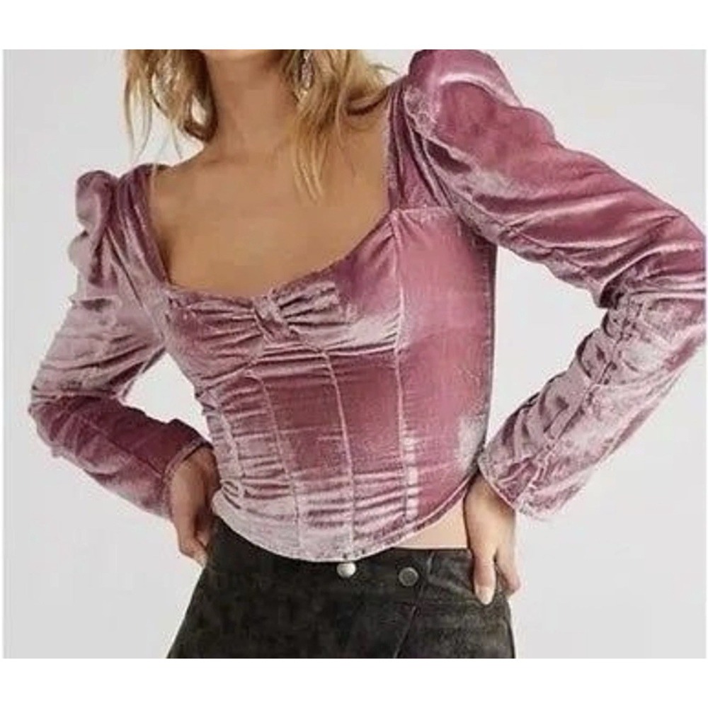 Free people Bridgette Bow Pink Velvet Long Sleeve Corset Top Coquette Girly S/M?